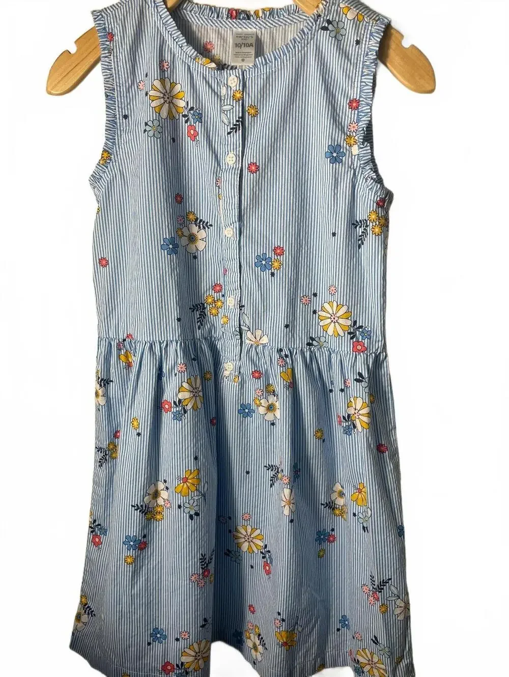 Carters Kids Blue Striped Floral Button Up Dress Size 10 Pleated Ruffle Floral